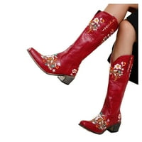Eczipvz Дамски обувки цип странично коляно коляно ботуши на висок ток пръст на женски ботуши в средата на женски жени с високи ботуши ботуши за жени червено, размер 8.5