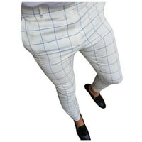 Yubnlvae Мъжки панталони Мъжки случайни карирани кльощави молив панталони с цип еластична талия панталони панталони за ежедневни панталони за мъже бели