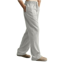 Ленени панталони дълги панталони за мъже мъже солидни ежедневни еластични талии джобни памучни панели панели панталони сини L