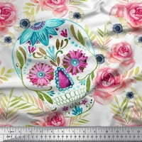 Soimoi Moss Georgette Fabric череп, Rose & Anemone Flower Decor Fabric Printed Yard Wide
