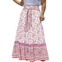 Жени Boho Vintage дълга пола елегантна цветна печат с висока талия, плисирана пола за люлка на линията плаж