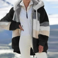 Homchy палто за жени, жени модни сплайсинг зима свободен плюшен дълъг ръкав с цип джобно палто с качулка