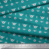 Soimoi Green Japan Crepe Satin Fabric Feathers & Anemon