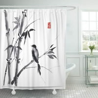 Дзен с бамбук и птица на бяло в стил Sumi e с мастило традиционна японска картина Япония за баня душ завеса