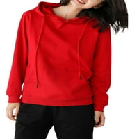 Beiwei жени с качулка върхове джобна суичър с теглене на качулки свободни годни пуловер зимен солиден цвят ежедневно червено 4xl