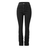Панталони за жени модерни зимни високи талии твърди цветни дънки еластични джобове за талии дънки панталони