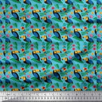 Soimoi Blue Rayon Crepe Fabric Birds & Leaves Tropical Fabric щампи по двор