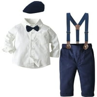 Комплект дрехи за момчета, джентълменски тоалети за момче на рокля с папийонна вратовръзка + newsboy шапка + комплекти панталони на суспендари, шапка - бял + флот, 12- месеца = таг 80