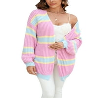 Thaisu жени плюс размер плетен жилетка с дълъг ръкав контраст цвят отворен преден пухкав пуловер свободни върхове