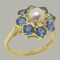 Британците направиха истински солиден 14K жълто злато култивирана перла и сапфирен женски пръстен за годежен пръстен - размер - размер 6.25