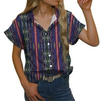 Clearance Женски моден V-образен деколте с къси ръкави риза флорално отпечатан шаблон бутон за ежедневни върхове Лапета яка блуза върхове тъмносин xxxl