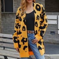 Жилетки за жени модерни модни леопардови джобове с дълъг ръкав плетен пуловер покрийте кимоно кардиган жълто