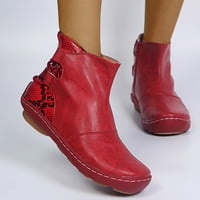 Symoid Womens Booties- Ретро кожена плоска дантелена змийска змийска печатаща къси обувки кръгли обувки с пръсти Червено 36