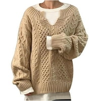 Торбисти пуловери за жени с дълъг ръкав твърд цвят v Врат плетат отгоре небрежни разхлабени трикотажни изделия блузи