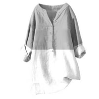 Yyeselk дамски плюс размери ризи свободни годни роли в ръкави за маншети v-образни блузи модерни цветови блок геометрични печат есенни върхове дрехи сиво s