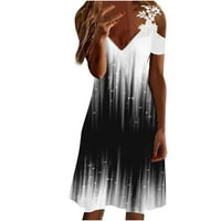Просвета летни рокли за жени с къс ръкав отпечатан темперамент мини а-лайн V-образно деколте рокля черно s