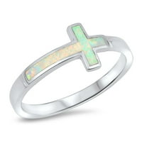 Стерлинг сребърно бяло симулиран Opal Christian Sideways Cross Ring