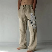 YOLAI Мъжки модни ежедневни индивидуални памучни и бельо отпечатано ленено джобни панталони панталони с голям размер панталони