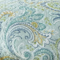 BILOT - Кортона Пейсли Юрган комплект - Пълна Queen Quilt + две стандартни шамари за възглавници - Paisley - Зелено, жълто, синьо и бяло - обратима - памучна тъкан