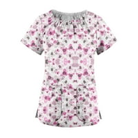 Ризи за жени летни дантели яка с къси ръкави за печат на печат за печат бързо работно облекло с джобове розово xxxl
