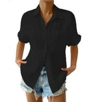 Zhizaihu летни блузи за жени, солиден цвят свободен плюс размер риза модна лакътя с дължина на яката за жени за жени черен полиестер