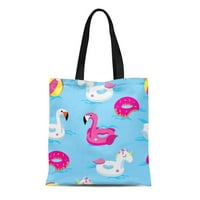 Платно тотална чанта розов фламинго шаблон плава във воден син басейн траен чанта за пазаруване на рамо за пазаруване на рамо раменни