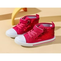 Woodbling Kids Canvas Sneakers Sequin Flats High Top Skate обувки Момичета ежедневни обувки Леки принцеса Мода роза червено 10.5toddlers