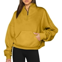 Quarter Zip пуловер дамски огромни половин цип пуловер плътни цветове суичъри с дълъг ръкав с джобни жълти XL
