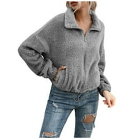 Стабилно яке на шакета женски класически небрежен хлабав двустранен плюшен ревел къс пуловер с пуловер с пуловер светло сиво XL