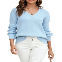 Жени пухкави кабелни пуловер пуловер твърд цвят v шия дълъг ръкав сладък мек трикотаж есен за топло улично облекло